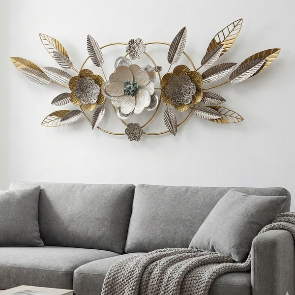 Large Gold Metal Wall Decor with Floral and Leaf Motif, 18 x 50 inch Elegant 3D Botanical Sculpture Home Office Decor-Sona Casa