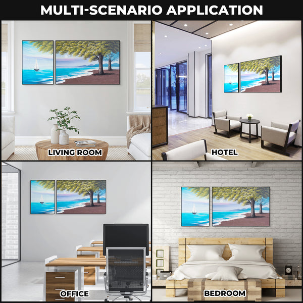 Large Lake Canvas Painting Set, 59" Wide Landscape Painting, Impasto 3D Art by Sona Casa