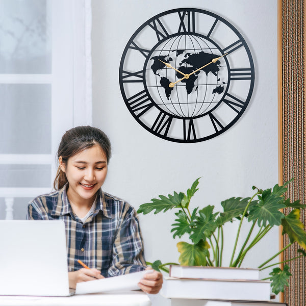 Round Metal Wall Clock, Black Embedded World Map, 24" Silent Roman Numeral Decorative Clock, Home Office Decor-Sona Casa