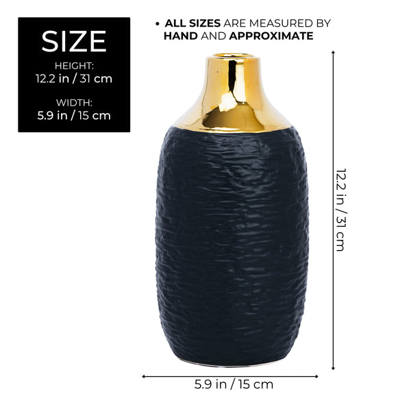 Black Ceramic Minimalist Vase With Golden Rim, 12" Modern Flower Vase by Sona Casa