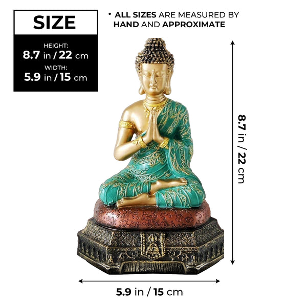 Small Buddha Statue, 9" Religious Decor Gifts, Green Gold Tabletop Desktop Shelf Prayer Room Ornament by Sona Casa