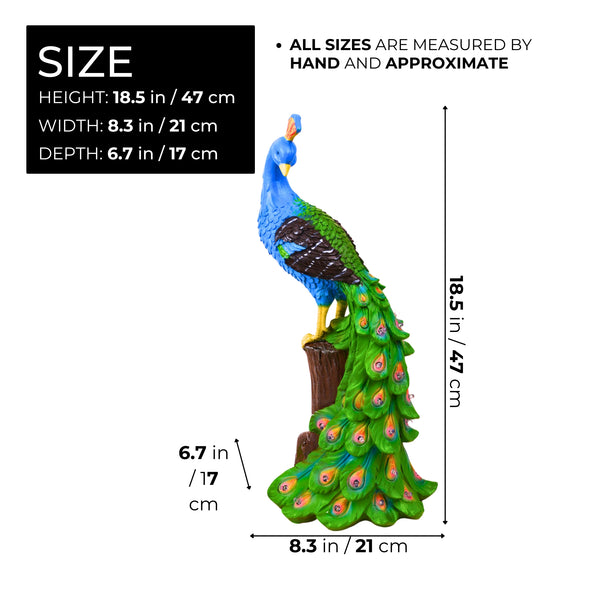 Peacock Garden Solar Light, Outdoor Fairy Garden Decor, Polyresin Solar Powered Statue, Blue Green Garden Sculpture, Patio Decor 19 inch 47 cm by Sona Casa