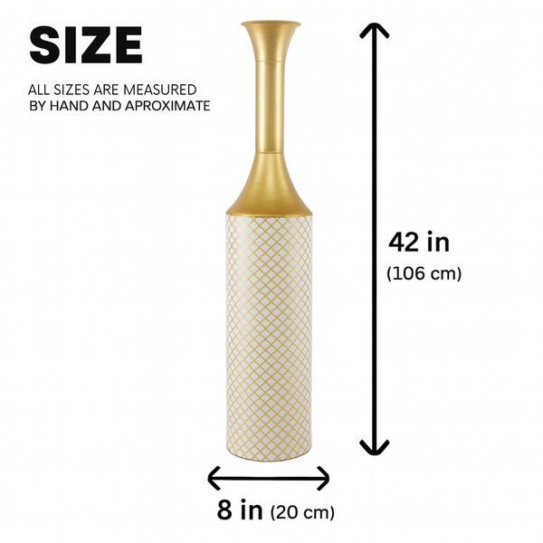 Modern Tall Floor Vase, Handmade Indoor Decor Metal 41" Gold Beige White by Sona Casa