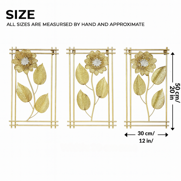 3 Piece Gold Flowers Metal Wall Decor Set, Elegant Floral Sculptures, 50cm Tall x 30cm Wide Panels Home Office Decor-Sona Casa