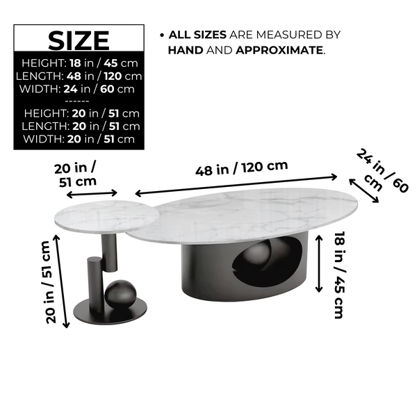 Modern Designer Oval Coffee Table Set 47" and 20", Marble Top, Metal Ball Base, Matte Black Frame, Home Decor by Sona Casa