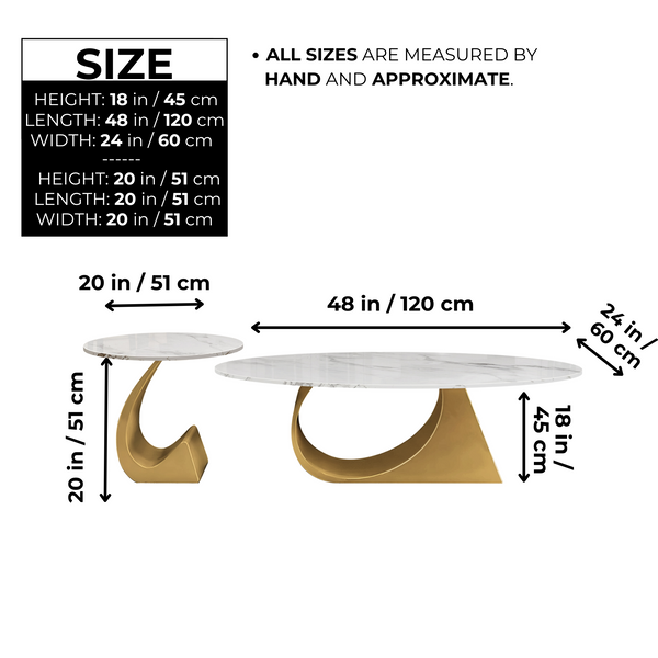 Modern Oval Coffee Table Set 47" and 20" White Marble Top, Metal Gold Frame by Sona Casa