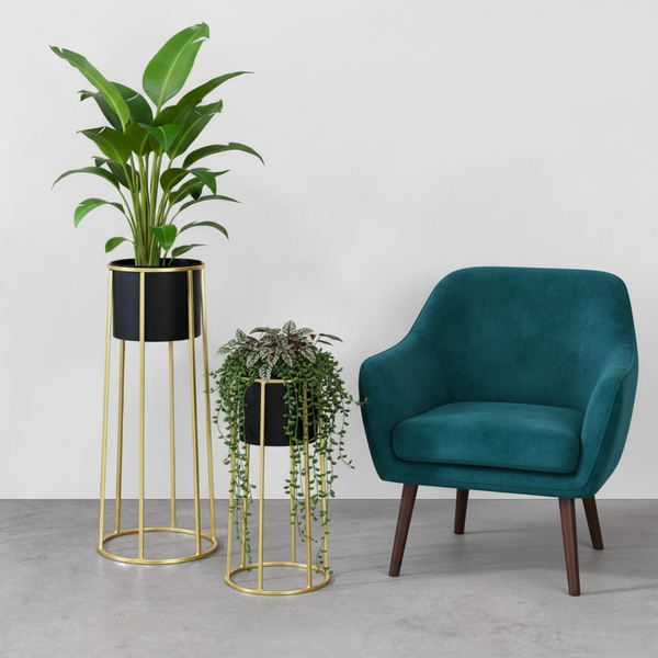 Modern Black Metal Pots Set Indoor Planters with Golden Stand for Fresh or Artificial Plants Living Room Office Decoration, Gifts-Sona Casa