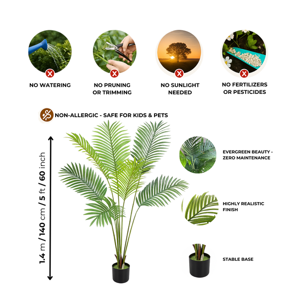 Artificial Areca Palm Tree with Black Sturdy Base, 5 ft Nearly Natural Look & Touch, Lifelike Leaves, Home Office Indoor Decor-Sona Casa