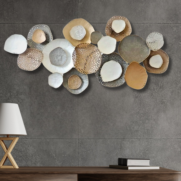 Large Metal Wall Art Sculpture, 53" Rustic Weathered Finish, Gold Silver White Home Office Decor by Sona Casa