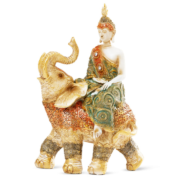 Buddha Statue on Elephant Figurine, 10" Tabletop Decor for Meditation Room by Sona Casa