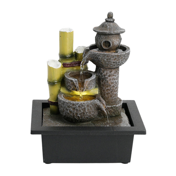 Indoor Water Fountain with Lights, 11" Asian Temple Desktop Waterfall by Sona Casa