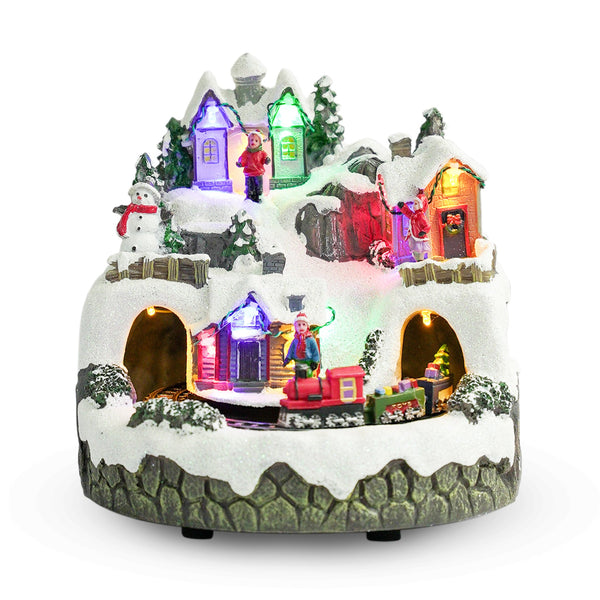 Illuminated Musical Christmas Village Set With Animated Carousel, Train Station & Figurines, LED Light-Up White Houses, Holiday Tabletop Decor by Sona Casa