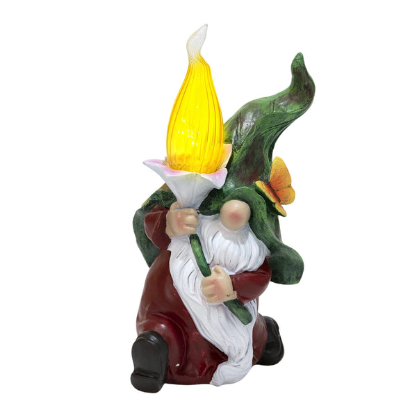 Polyresin Gnome Solar LED Torch Flame, 12" Garden Figurine Outdoor Decor by Sona Casa
