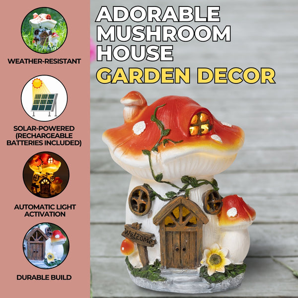 Enchanted Red & White Polyresin Mushroom House Solar Light, Whimsical Outdoor Garden Decor & Fairy Statue by Sona Casa