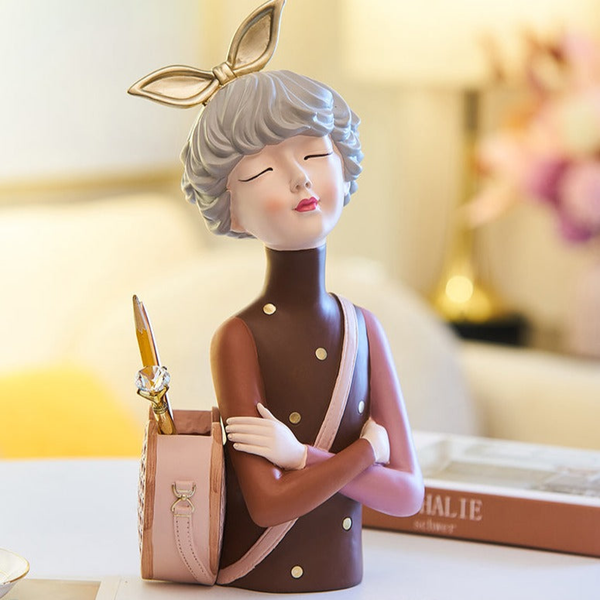 Classy Female Bust Statue Storage and Vase in One, Makeup Organizer, Small Items Storage, Vanity Table Decor, Ladies Gift Brown Polyresin 14 inch 34 cm by Sona Casa