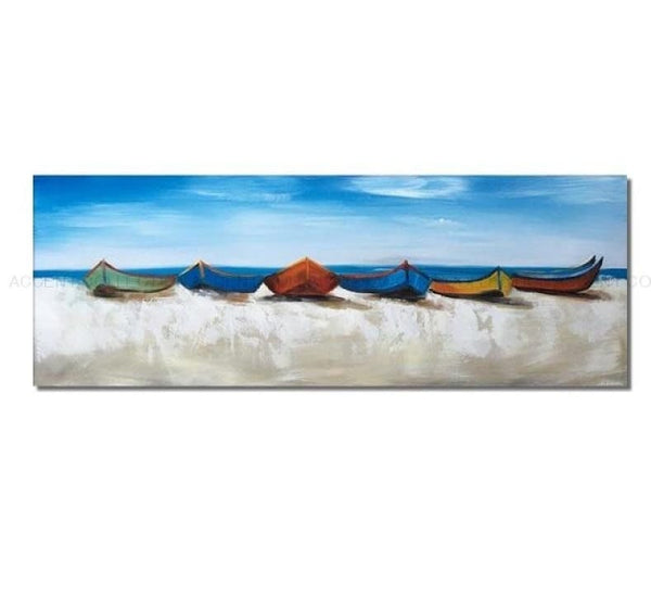 Sail Beyond' Original Oil Painting with Colorful Boats, Blue Seaside - Textured Coastal Artwork Living Room Decor, Housewarming Gift by Sona Casa