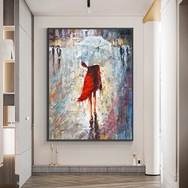Woman in Red Dress Painting - Abstract Female Portrait Oil on Canvas, Chic Living Room Decor, Artistic New Homeowners Gift by Sona Casa