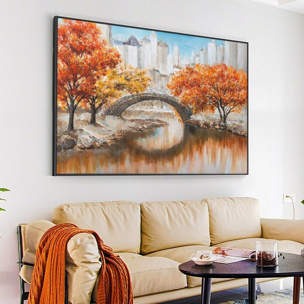 Bridging Testimony Of Time, Landscape Painting, Autumn Painting, Wall Art for Living Room, Trees Painting, Urban Painting, Nature Painting by Sona Casa