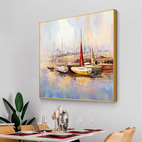 Colorful Marina Boat Painting Wall Art, Abstract Wall Art for Living Room, Painting on Canvas, Hand Painted Oil Painting for Home Decor by Sona Casa