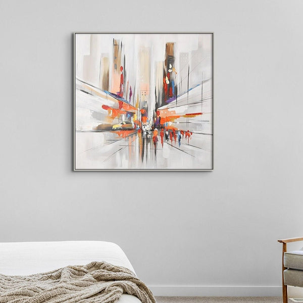 Original Abstract City Painting, Textured Orange Canvas Art Modern Framed Wall Art for Home Decor by Sona Casa
