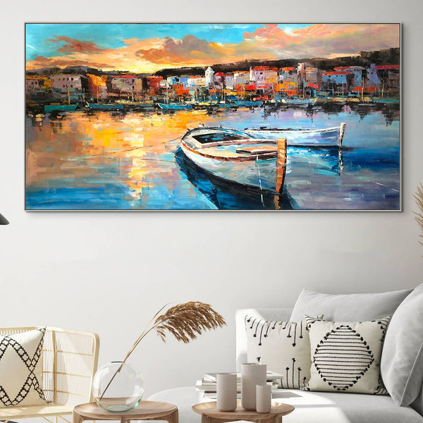 Italy Landscape Art - Colorful Portofino Harbour Scene, Handcrafted Wall Painting on Canvas, Art Lover Gift by Sona Casa