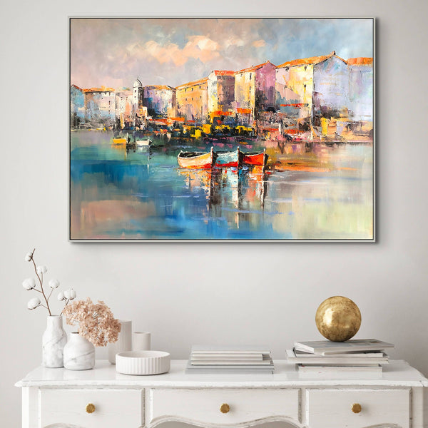 Portofino Italy Oil Painting on Canvas - Vivid Italian Landscape Wall Art for Home Decor, Original Portofino Marina Scene by Sona Casa
