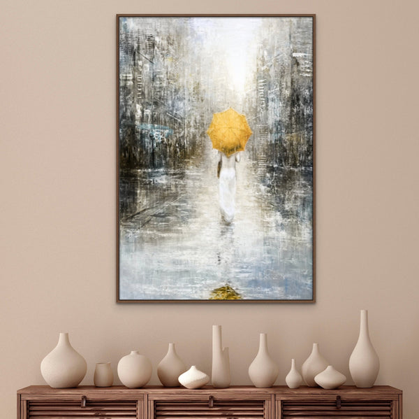 Lost in the City, Large Painting of Girl in Rain, Abstract Painting, Original Art, Oil Painting for Living Room, Oversized Wall Art, Yellow by Sona Casa