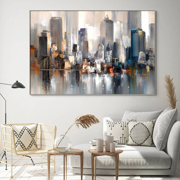 Manhattan Cityscape Canvas Art - New York City Handmade Painting, Large Wall Decor for Bedroom, Unique Housewarming Gift by Sona Casa