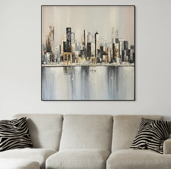 Abstract City Painting, Large Skyline Wall Art, Minimalist Urban Decor for Living Room, Artistic Housewarming Present by Sona Casa