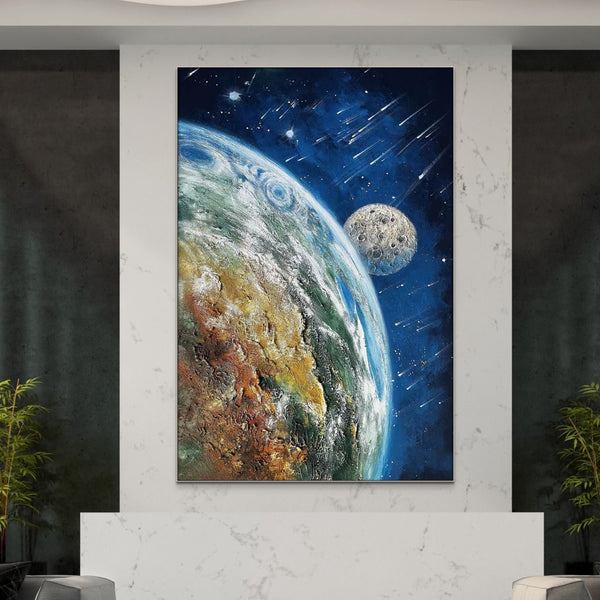 Earth and Moon Painting - Extra Large Textured Canvas Art, Hand-Painted Impasto Space Artwork for Modern Home Decor, Unique Astronomy Gift by Sona Casa