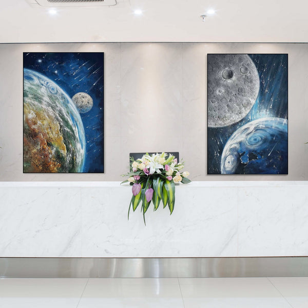 Earth and Moon Painting - Large Textured Canvas Wall Art, Celestial Space Decor for Home and Office, Unique Astronomy Gift by Sona Casa