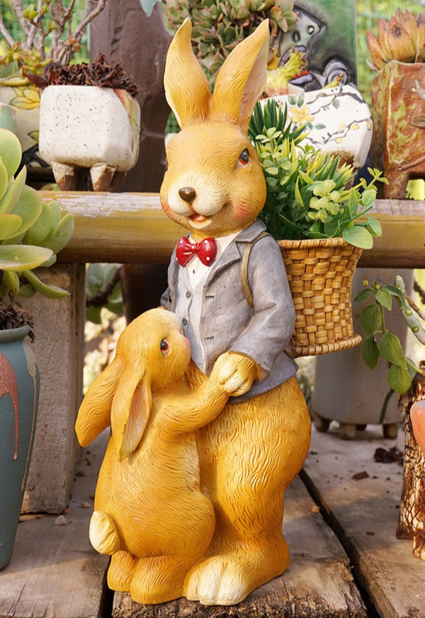 Bunny Family Statue, 15" Outdoor Garden Sculpture, Lawn Patio Decor by Sona Casa