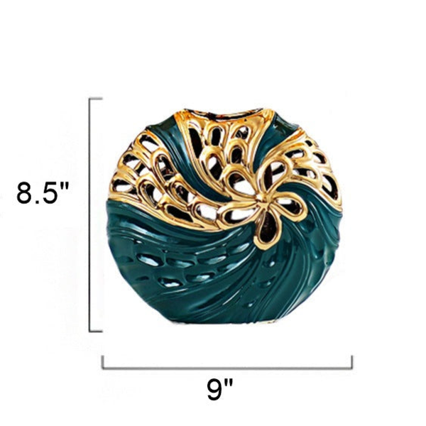 Green Flower Pattern Round Vase, Bud Vase, Golden Highlights by Sona Casa