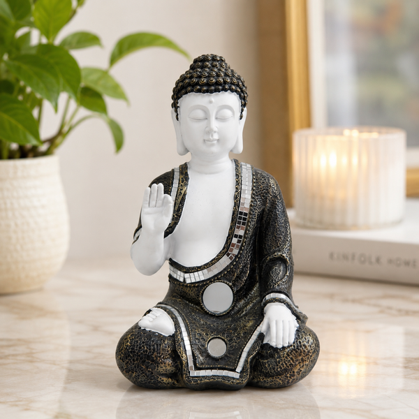 Seated Buddha statue in a distressed white and dark finish — Sona Casa