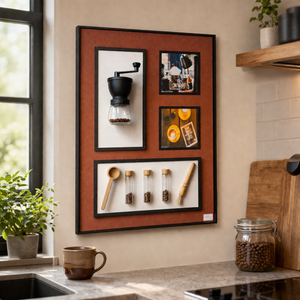 Framed 3D coffee wall décor with cups and coffee accessories — Sona Casa
