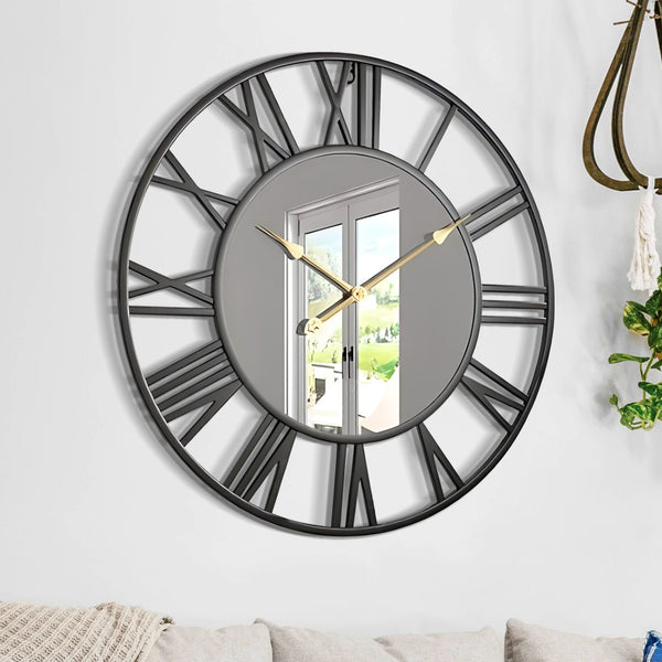 Large Black Wall Clock with Mirror, 24" Silent Roman Clock, Heavy Metal, Living Room Wall Decor