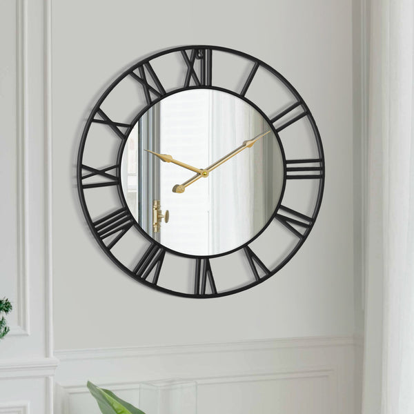 Large Black Wall Clock with Mirror, 24" Silent Roman Clock, Heavy Metal, Living Room Wall Decor