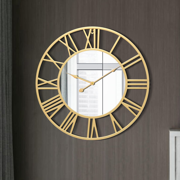 Large Golden Wall Clock with Mirror, 24" Silent Roman Clock, Heavy Metal, Living Room Wall Decor