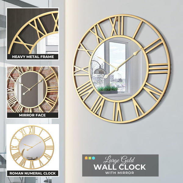 Large Golden Wall Clock with Mirror, 24" Silent Roman Clock, Heavy Metal, Living Room Wall Decor