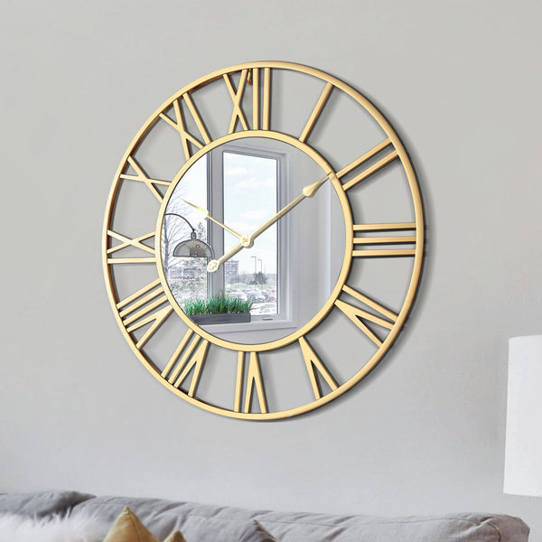 Large Golden Wall Clock with Mirror, 24" Silent Roman Clock, Heavy Metal, Living Room Wall Decor