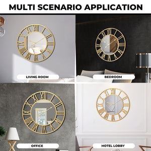 Large Golden Wall Clock with Mirror, 24" Silent Roman Clock, Heavy Metal, Living Room Wall Decor-Sona Casa