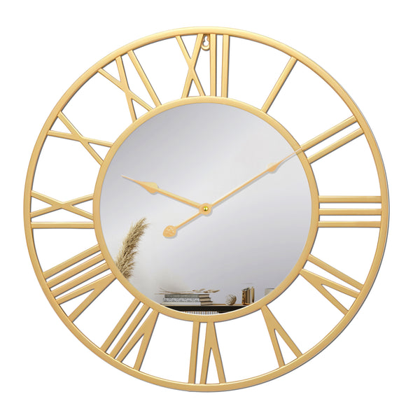 Large Golden Wall Clock with Mirror, 24" Silent Roman Clock, Heavy Metal, Living Room Wall Decor