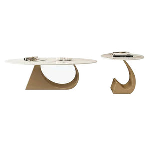 Modern Oval Coffee Table Set 47" and 20" White Marble Top, Metal Gold Frame by Sona Casa