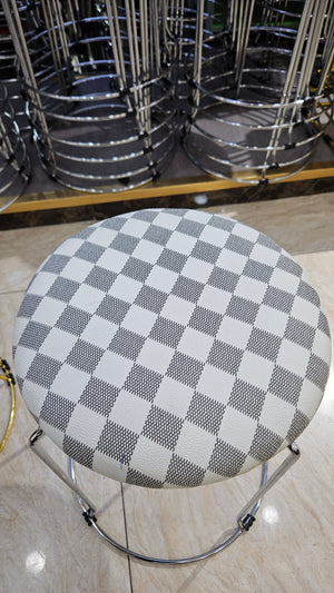 Petite Lightweight White Gray Pattern Stool with Silver Frame, Fabric Seat Compact Living Room Accent Home Decor by Sona Casa