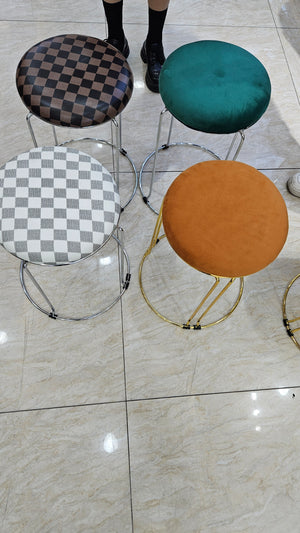 Petite Lightweight Brown Black Pattern Stool with Silver Frame, Fabric Seat Compact Living Room Accent Home Decor by Sona Casa