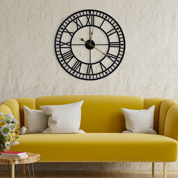 Oversized Round Metal Wall Clock, Large 32" Roman Numeral Silent Clock, Black Home Decor