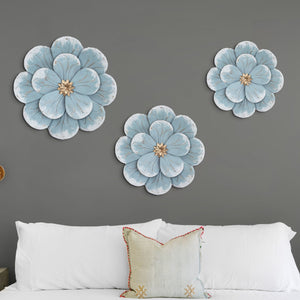 Boho Chic Blue & White Metal Flower Trio - Rustic Western Wall Art For Bedroom Elegance by Accent Collection