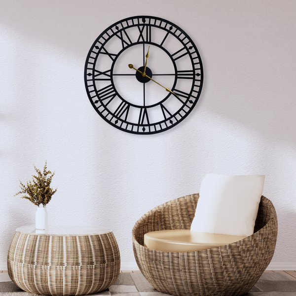 Oversized Round Metal Wall Clock, Large 32" Roman Numeral Silent Clock, Black Home Decor