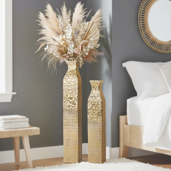 Handmade Rustic Weathered Tall Metal Vases, Extra Large Decorative Floor Vase Set, 42" and 35" Large Flower Pots for Pampas Grass, Home Living Room Decor-Sona Casa