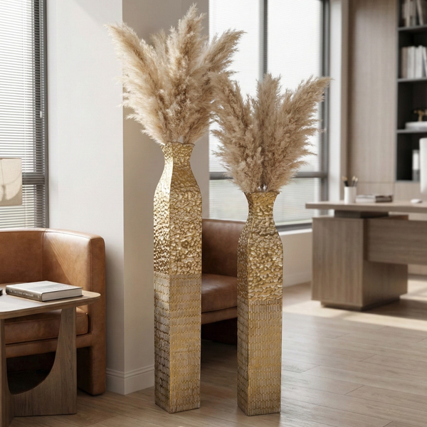 Handmade Rustic Weathered Tall Metal Vases, Extra Large Decorative Floor Vase Set, 42" and 35" Large Flower Pots for Pampas Grass, Home Living Room Decor-Sona Casa